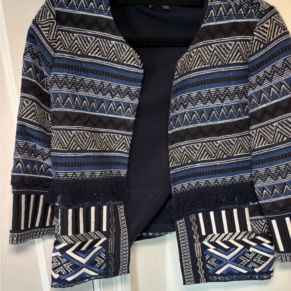 Tweed Fringe Patterned Open Front Jacket